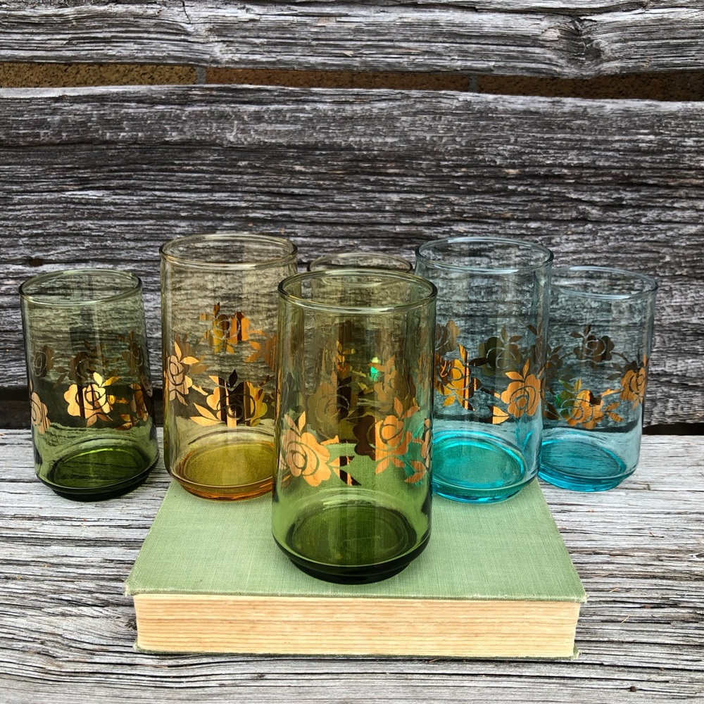 Vintage Mid Century Modern glassware tumbler set of 6 MCM tumblers gold roses